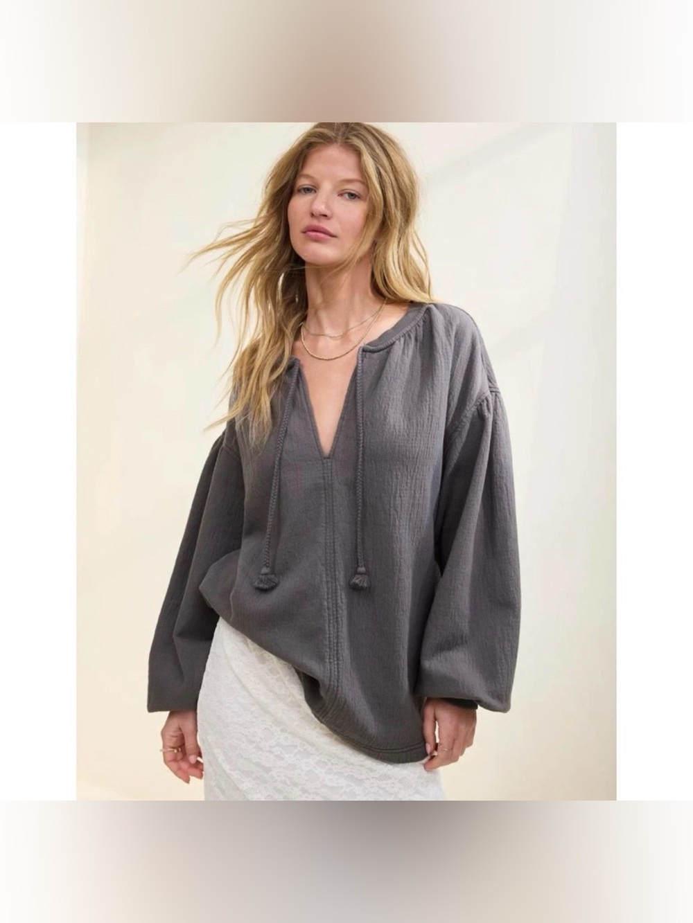 Aerie Easy Street Oversized V-Neck Peasant Style Sweatshirt in Gray Size L